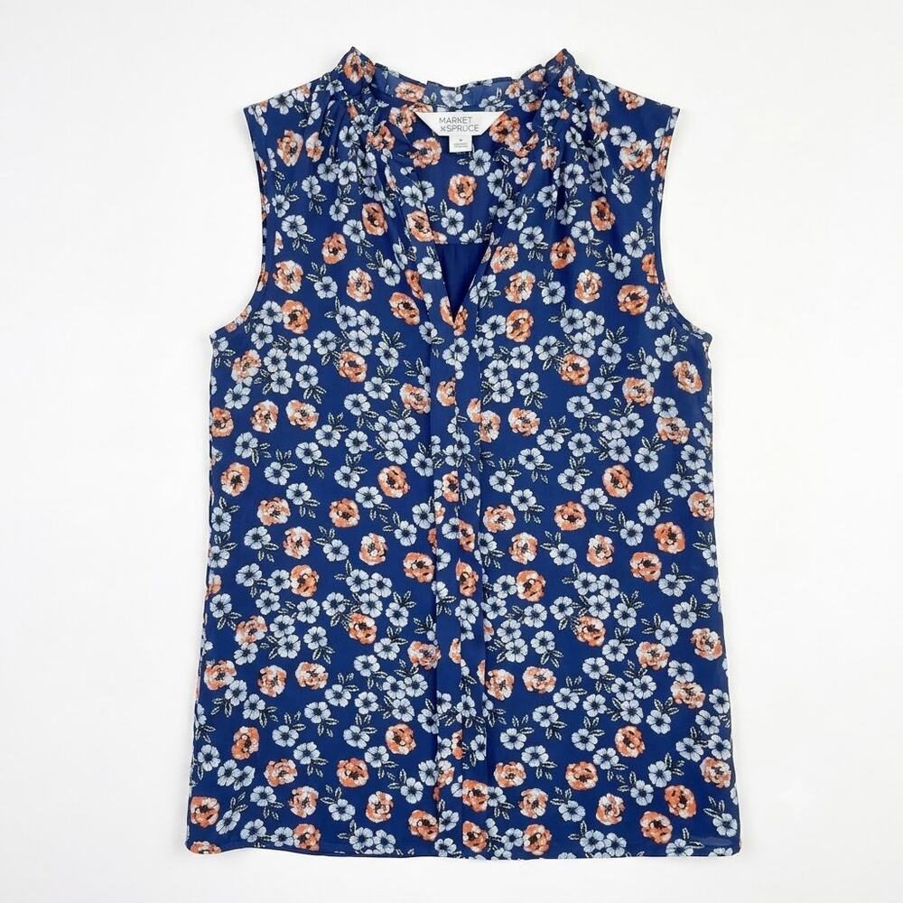 Market & Spruce Ruffle Split Neck Blouse Blue Floral Sleeveless Office Womens XS